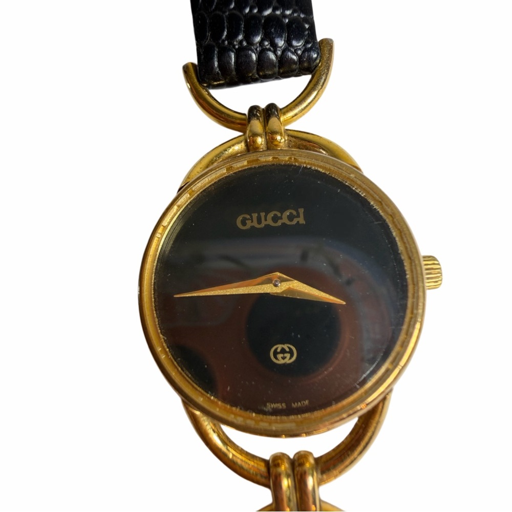 GUCCI VINTAGE 6000L Black & Gold Leather Strap Watch - Picture 3 of 11